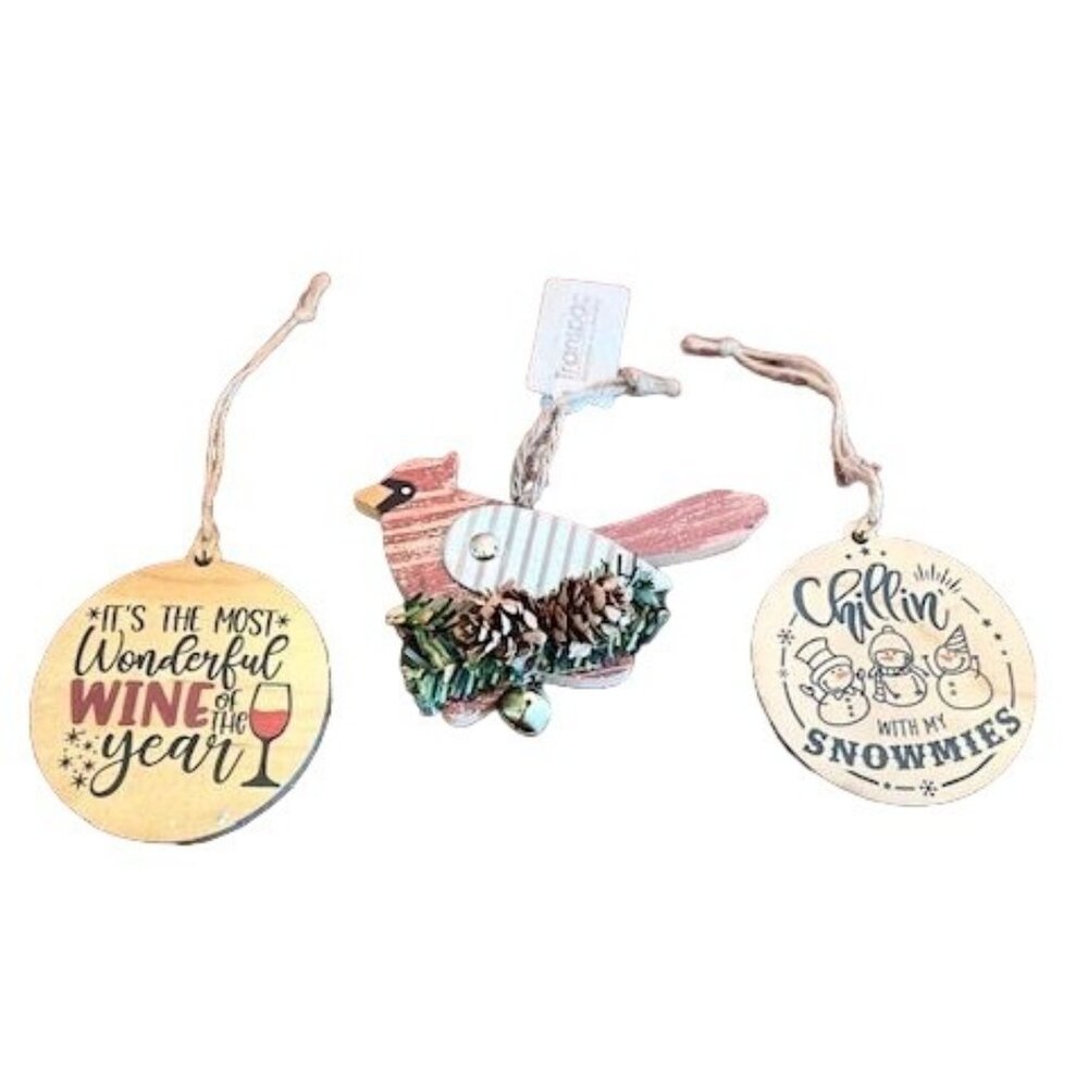 Set Of 3 Wooden Holiday Ornaments With Cardinal‎ & Festive Messages wine snowmen